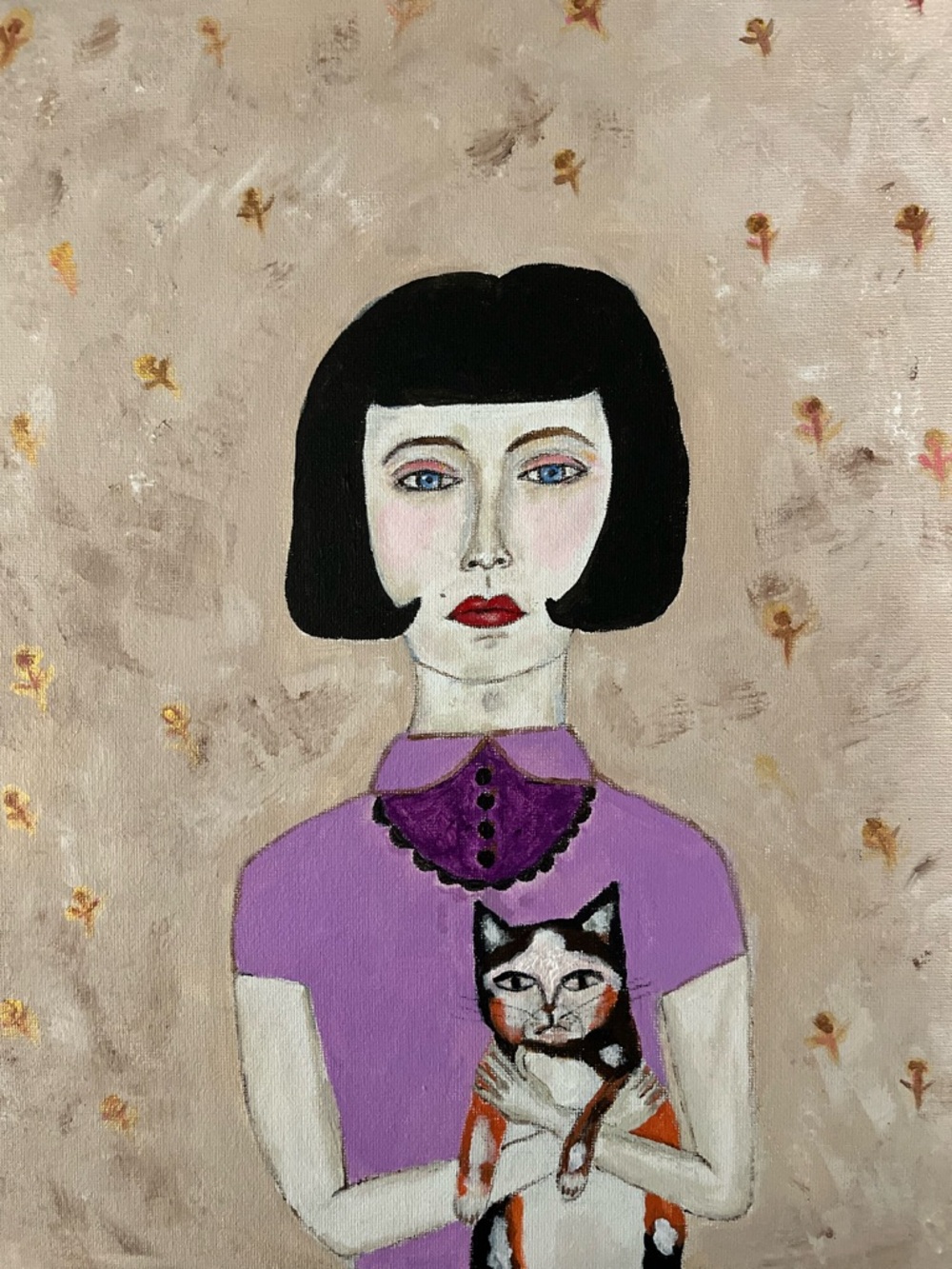 Original art painting of 60s inspired woman w/ cat